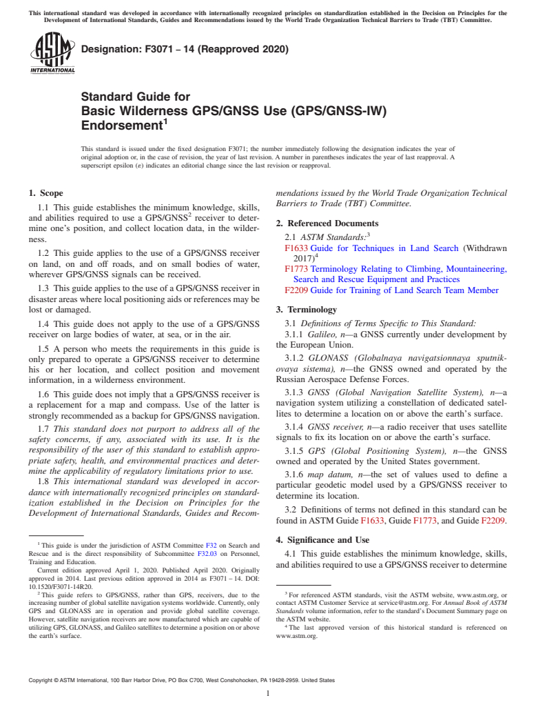 ASTM F3071-14(2020) - Standard Guide for Basic Wilderness GPS/GNSS Use (GPS/GNSS-IW) Endorsement