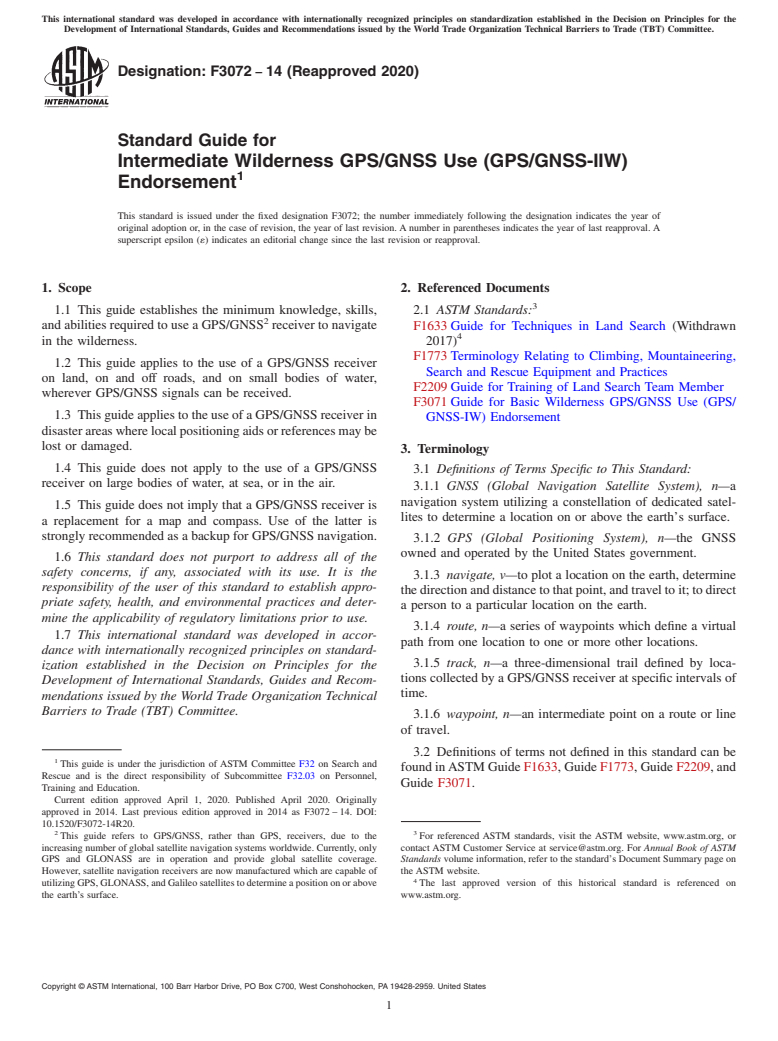 ASTM F3072-14(2020) - Standard Guide for Intermediate Wilderness GPS/GNSS Use (GPS/GNSS-IIW) Endorsement