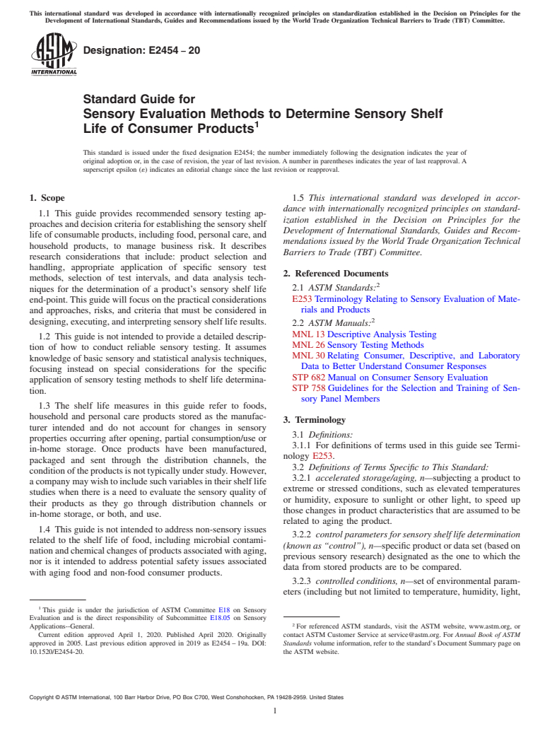 ASTM E2454-20 - Standard Guide for  Sensory Evaluation Methods to Determine Sensory Shelf Life  of Consumer Products