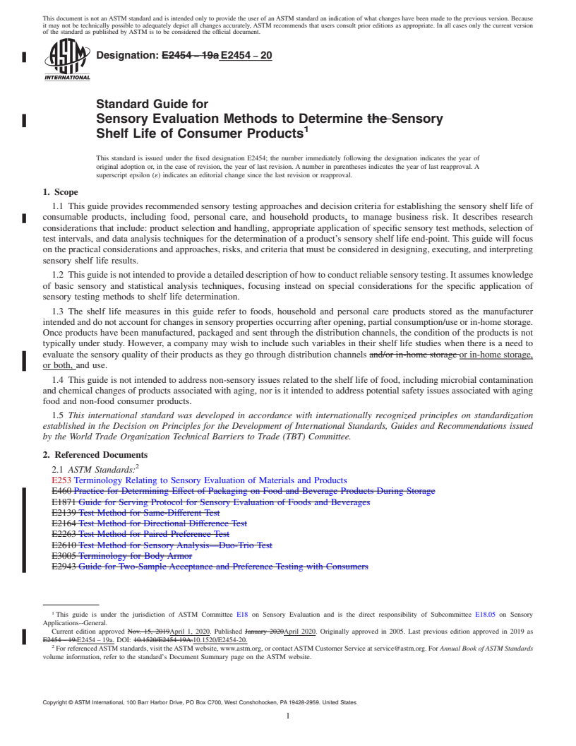 REDLINE ASTM E2454-20 - Standard Guide for  Sensory Evaluation Methods to Determine Sensory Shelf Life  of Consumer Products