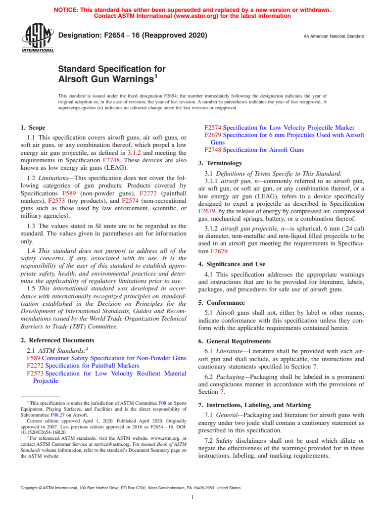 ASTM F2654-16(2020) - Standard Specification for Airsoft Gun Warnings