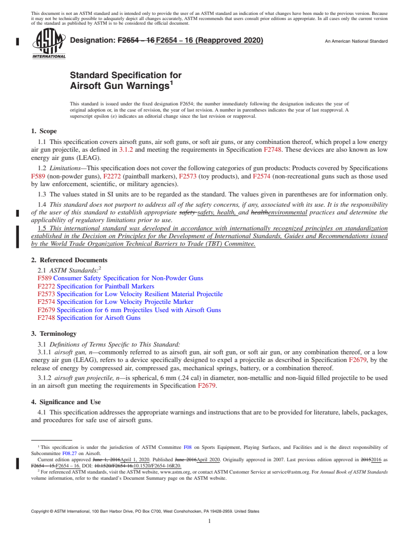 REDLINE ASTM F2654-16(2020) - Standard Specification for Airsoft Gun Warnings