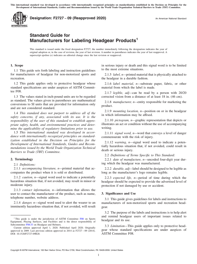 ASTM F2727-09(2020) - Standard Guide for Manufacturers for Labeling Headgear Products