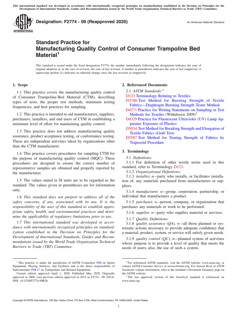 ASTM F2774-09(2020) - Standard Practice for Manufacturing Quality Control of Consumer Trampoline Bed Material