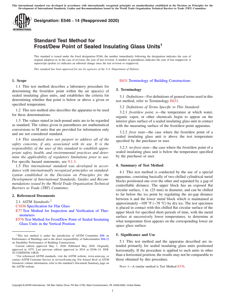 ASTM E546-14(2020) - Standard Test Method for Frost/Dew Point of Sealed Insulating Glass Units