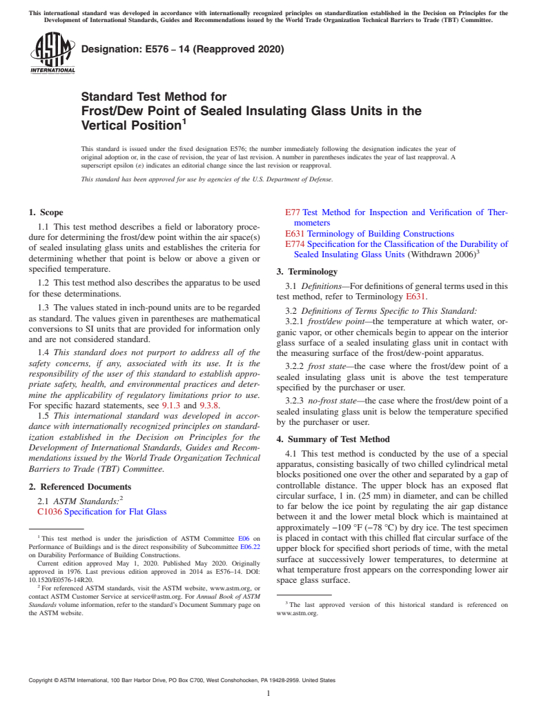 ASTM E576-14(2020) - Standard Test Method for Frost/Dew Point of Sealed Insulating Glass Units in the Vertical  Position