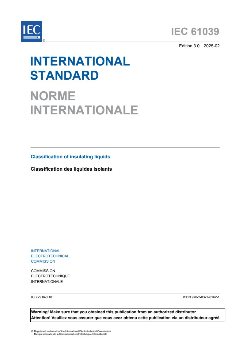 IEC 61039:2025 - Classification of insulating liquids
Released:17. 02. 2025
Isbn:9782832701621