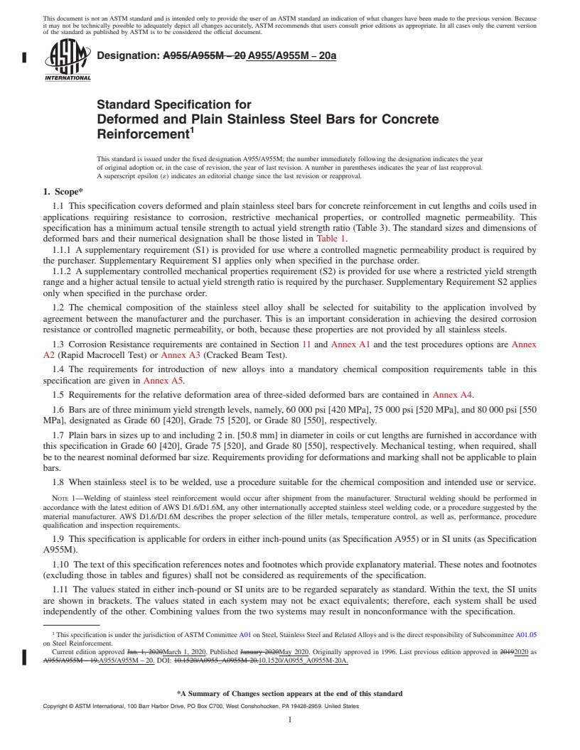 REDLINE ASTM A955/A955M-20a - Standard Specification for  Deformed and Plain Stainless Steel Bars for Concrete Reinforcement
