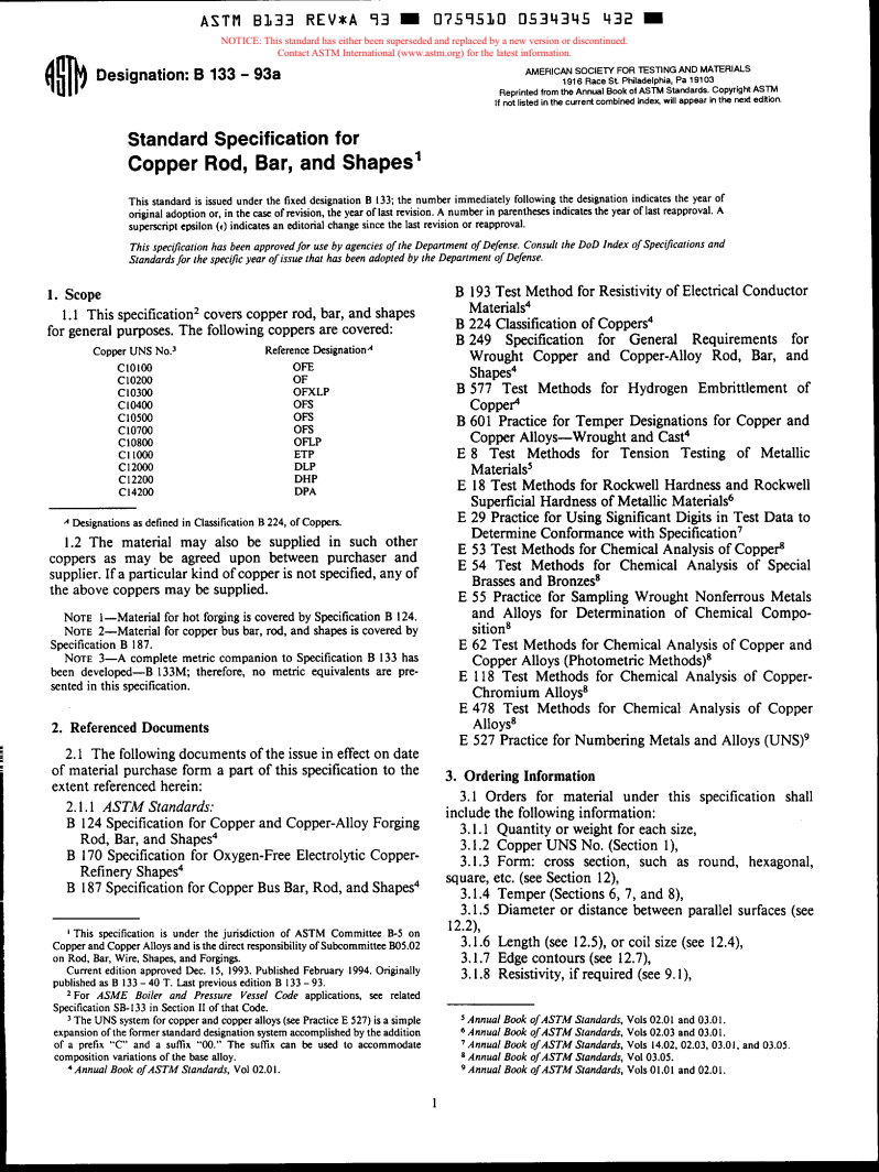 ASTM B133-93A - Specification for Copper Rod, Bar, and Shapes (Withdrawn 1994)