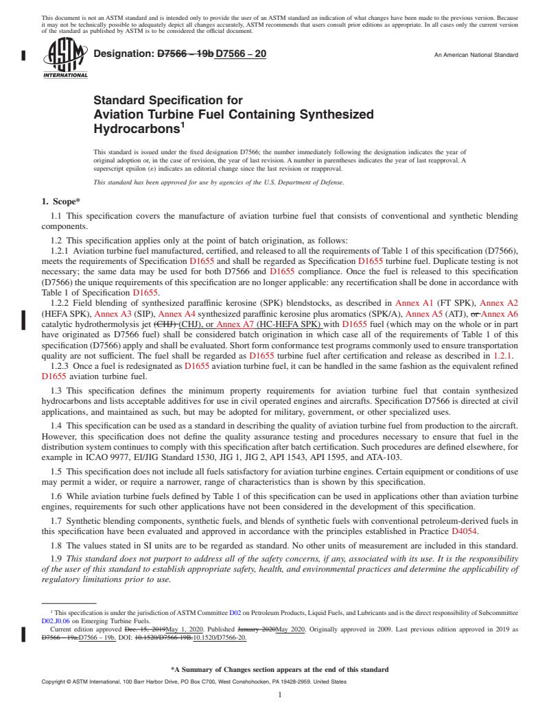 REDLINE ASTM D7566-20 - Standard Specification for Aviation Turbine Fuel Containing Synthesized Hydrocarbons