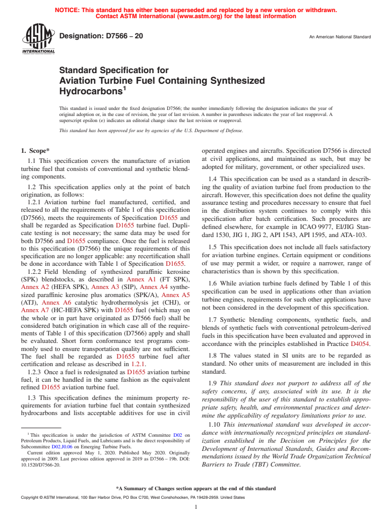 ASTM D7566-20 - Standard Specification for Aviation Turbine Fuel Containing Synthesized Hydrocarbons