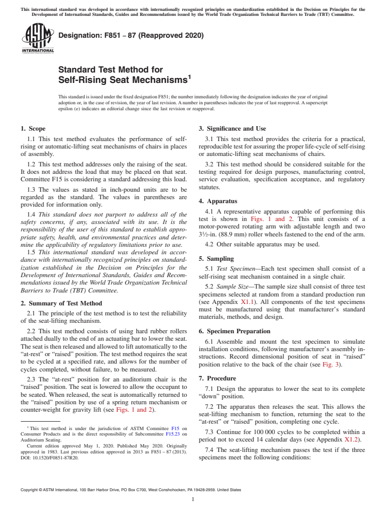 ASTM F851-87(2020) - Standard Test Method for  Self-Rising Seat Mechanisms