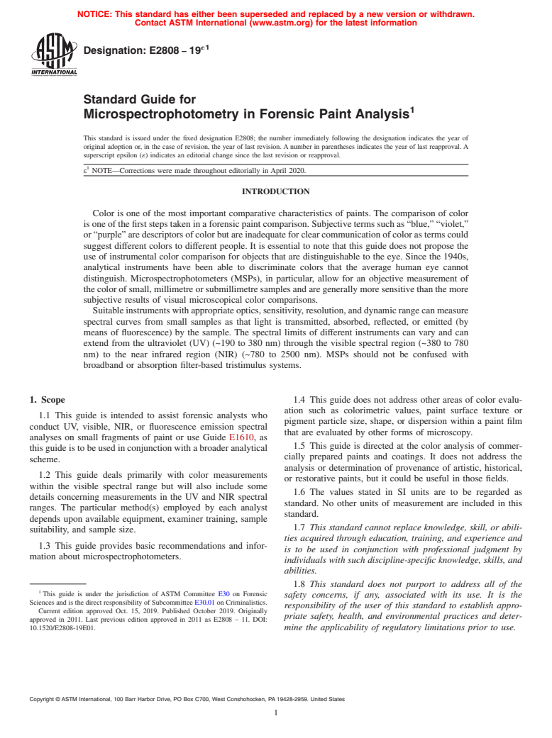 ASTM E2808-19e1 - Standard Guide for  Microspectrophotometry in Forensic Paint Analysis