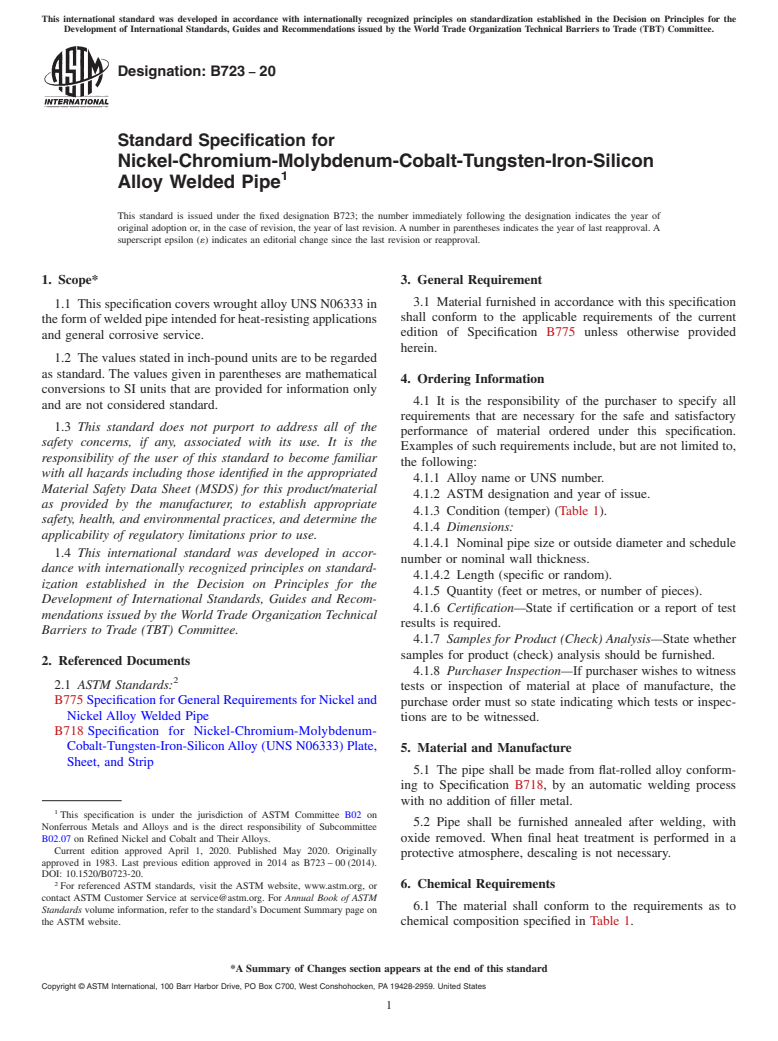 ASTM B723-20 - Standard Specification for Nickel-Chromium-Molybdenum-Cobalt-Tungsten-Iron-Silicon Alloy  Welded Pipe