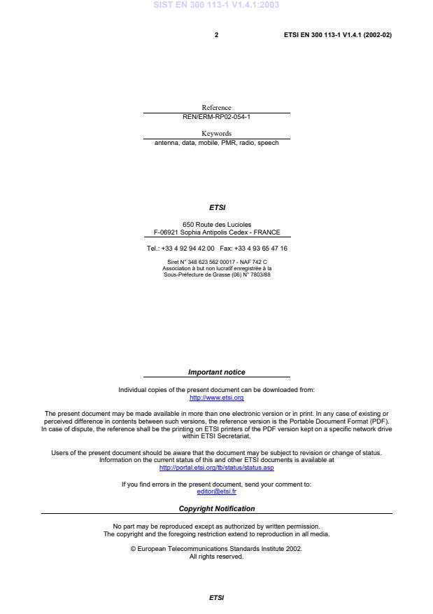 SIST EN 300 113-1 V1.4.1:2003 SIST EN 300 113-1 V1.4.1:2003 - Page 4 preview