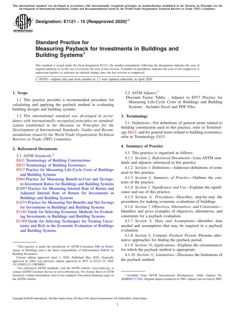 ASTM E1121-15(2020)e1 - Standard Practice for Measuring Payback for Investments in Buildings and Building  Systems