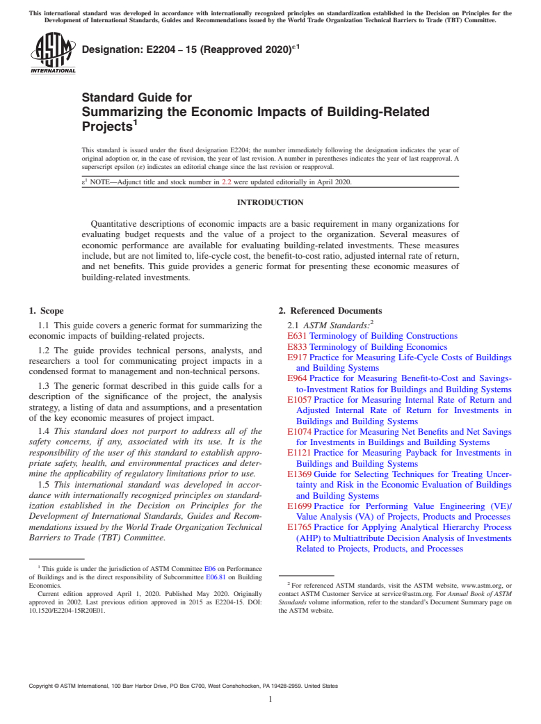 ASTM E2204-15(2020)e1 - Standard Guide for Summarizing the Economic Impacts of Building-Related Projects