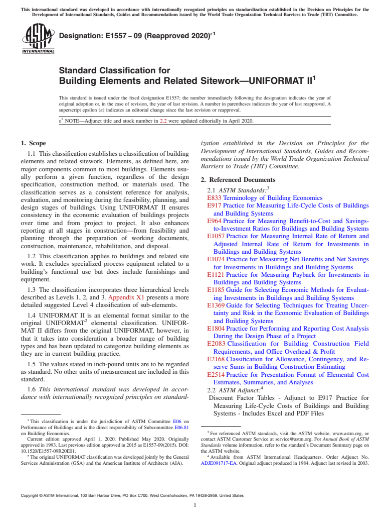 ASTM E1557-09(2020)e1 - Standard Classification for Building Elements and Related Sitework&#x2014;UNIFORMAT II