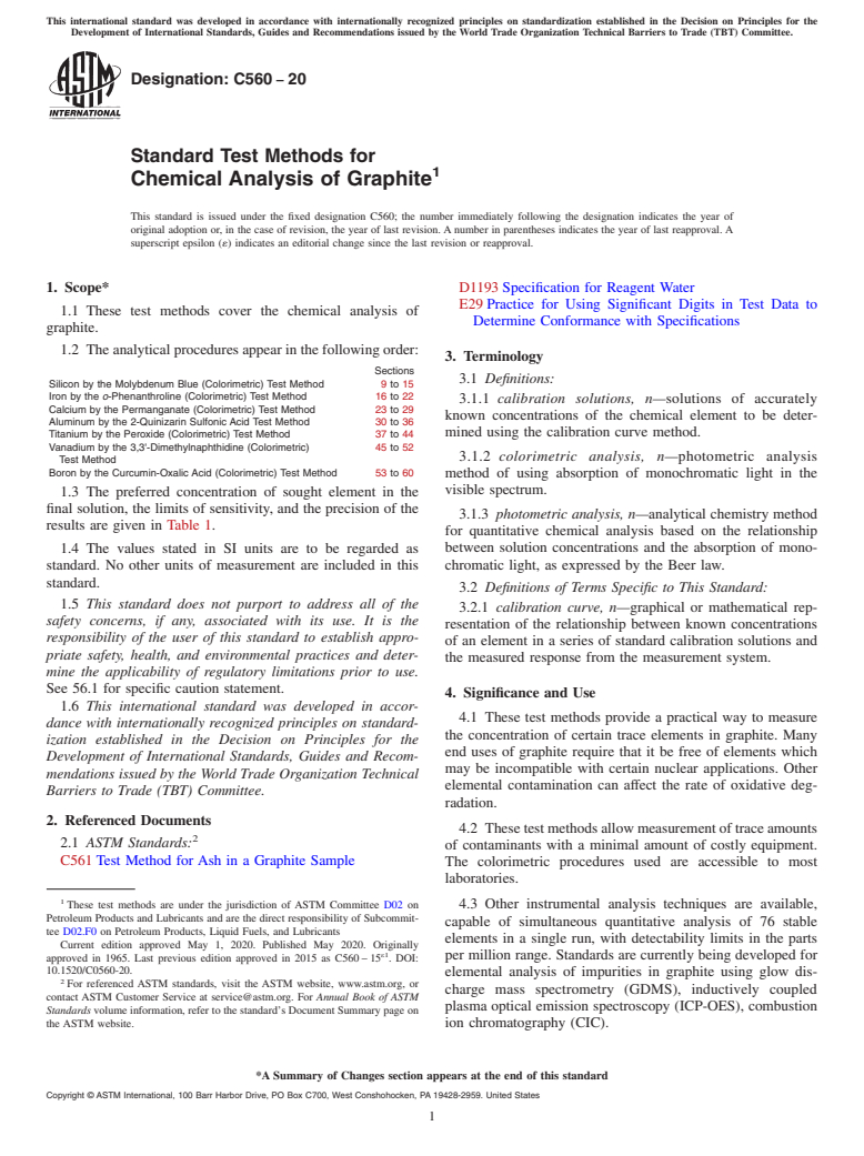 ASTM C560-20 - Standard Test Methods for  Chemical Analysis of Graphite