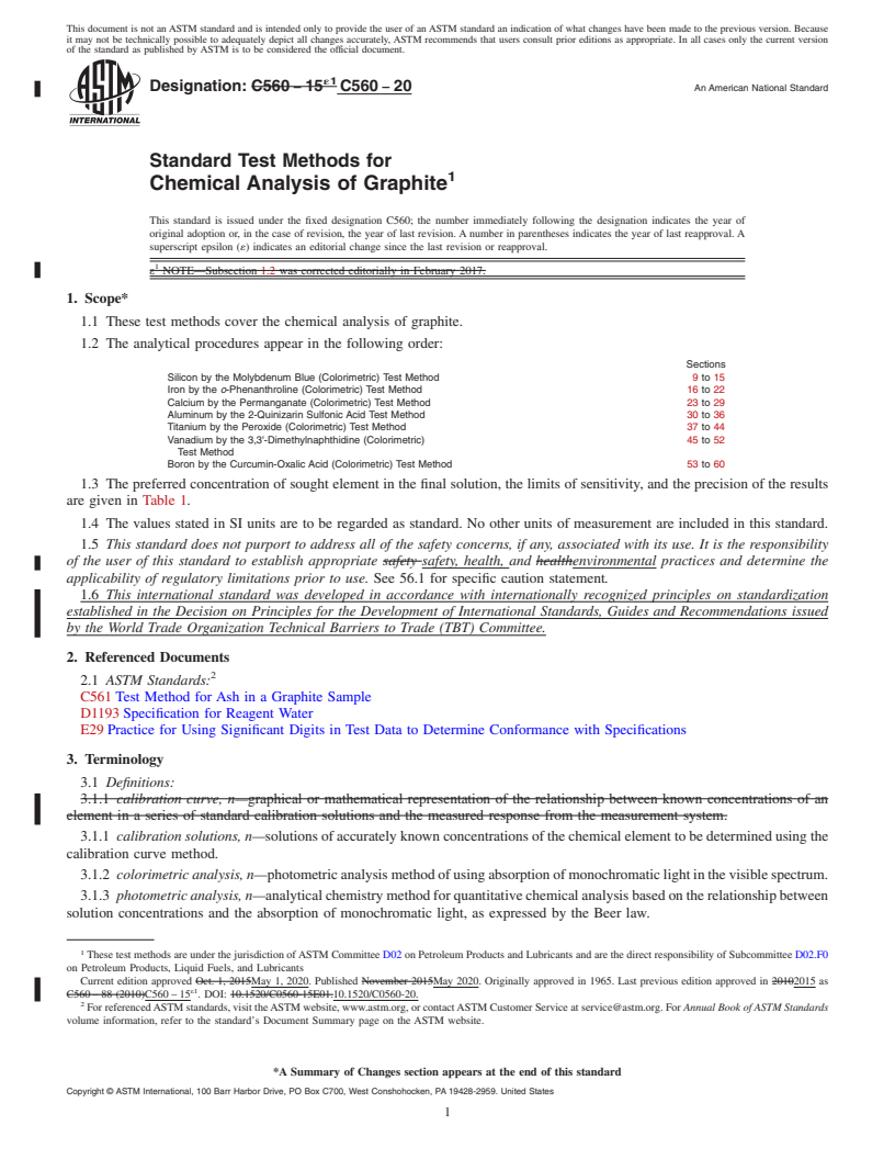 REDLINE ASTM C560-20 - Standard Test Methods for  Chemical Analysis of Graphite