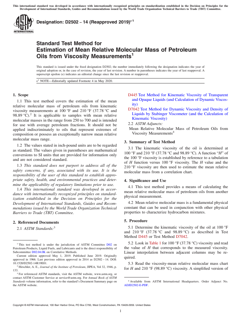 ASTM D2502-14(2019)e1 - Standard Test Method for  Estimation of Mean Relative Molecular Mass of Petroleum Oils   from Viscosity Measurements