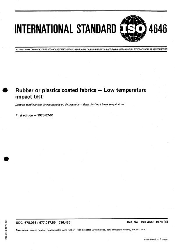 ISO 4646:1978 - Rubber or plastics coated fabrics -- Low temperature impact test