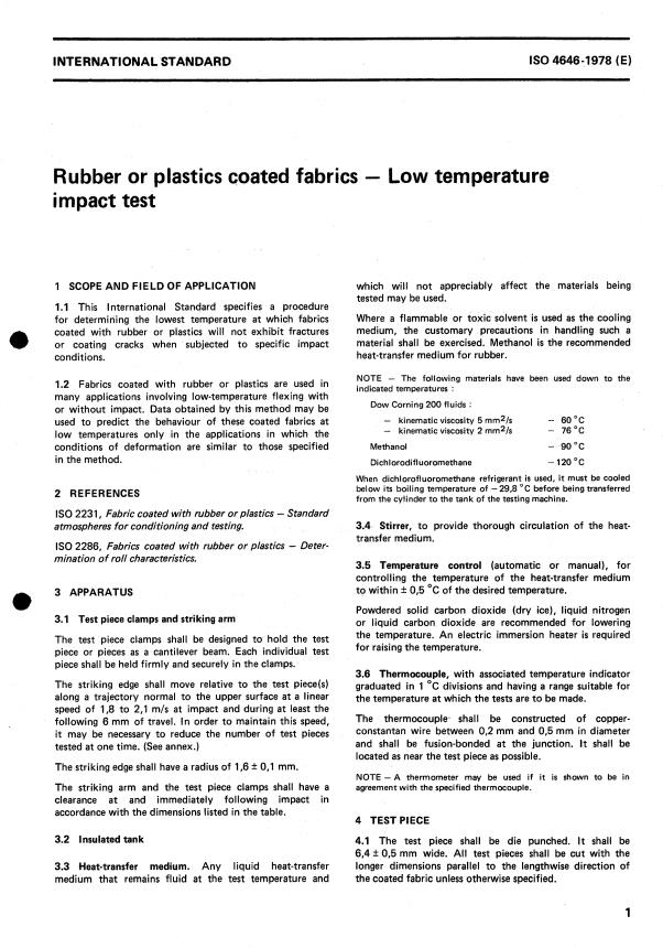 ISO 4646:1978 - Rubber or plastics coated fabrics -- Low temperature impact test