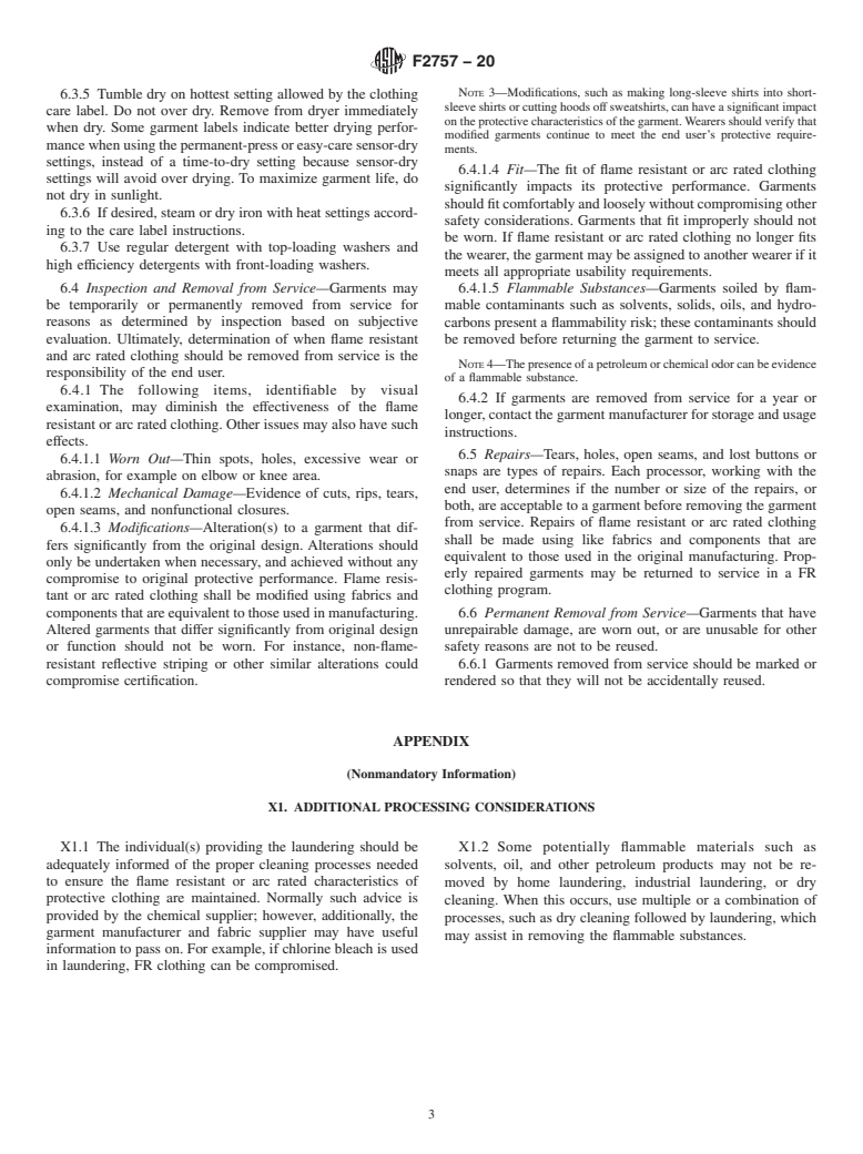 ASTM F2757-20 - Standard Guide for Home Laundering Care and Maintenance of Flame Resistant or  Arc Rated Clothing