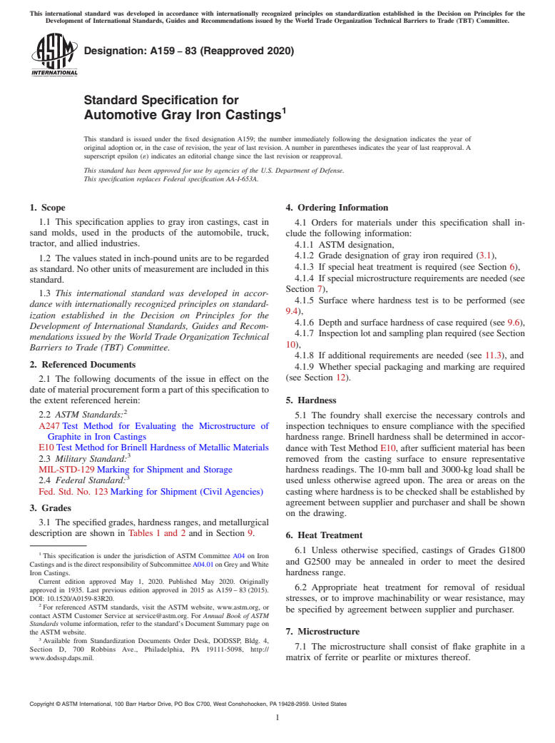 ASTM A159-83(2020) - Standard Specification for  Automotive Gray Iron Castings