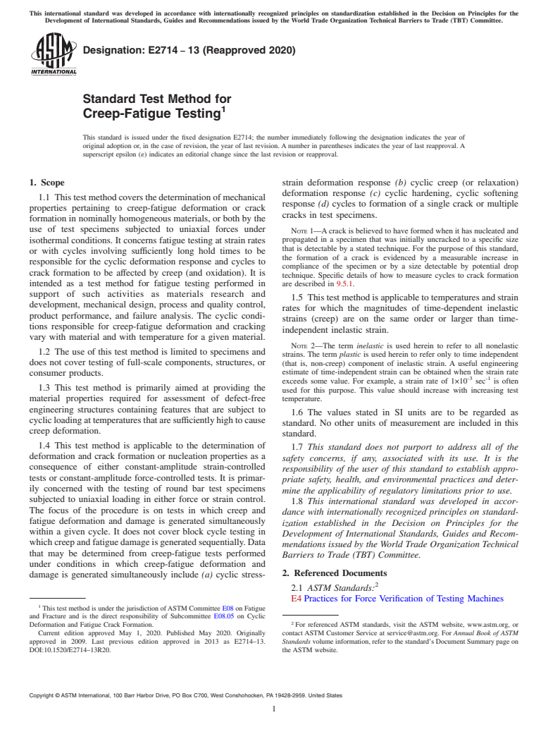 ASTM E2714-13(2020) - Standard Test Method for  Creep-Fatigue Testing