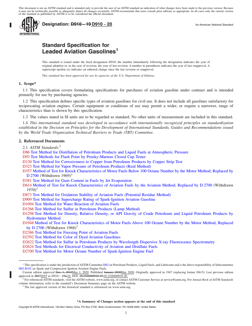 REDLINE ASTM D910-20 - Standard Specification for  Leaded Aviation Gasolines