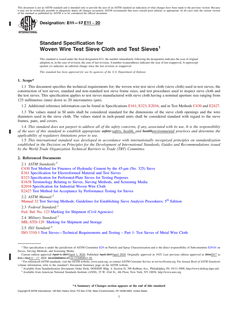 REDLINE ASTM E11-20 - Standard Specification for  Woven Wire Test Sieve Cloth and Test Sieves