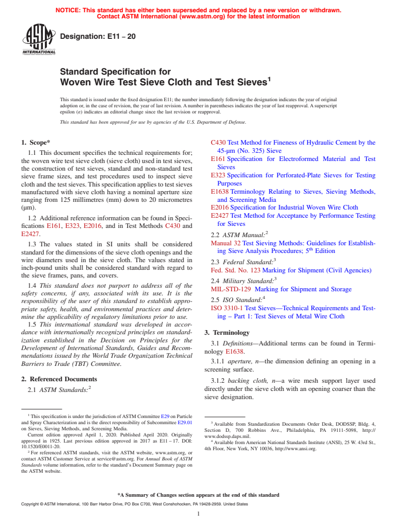 ASTM E11-20 - Standard Specification for  Woven Wire Test Sieve Cloth and Test Sieves