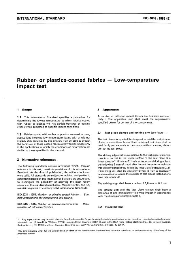 ISO 4646:1989 - Rubber- or plastics-coated fabrics -- Low-temperature impact test