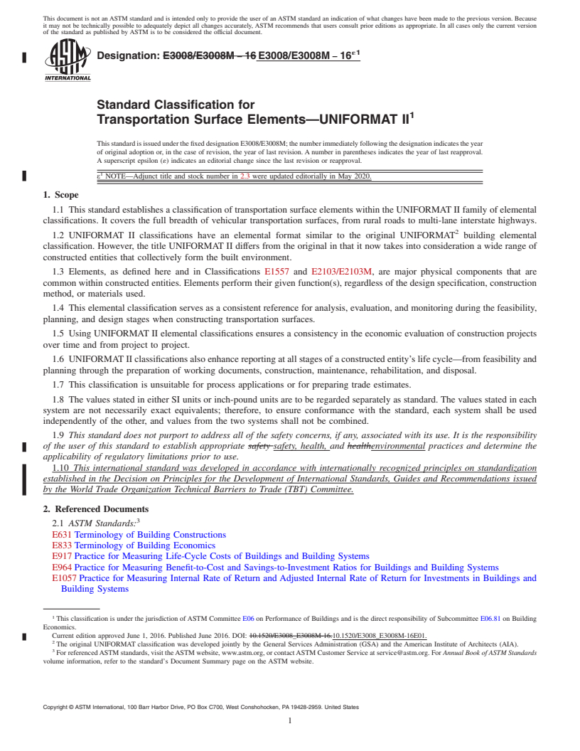 REDLINE ASTM E3008/E3008M-16e1 - Standard Classification for Transportation Surface Elements&#x2014;UNIFORMAT II