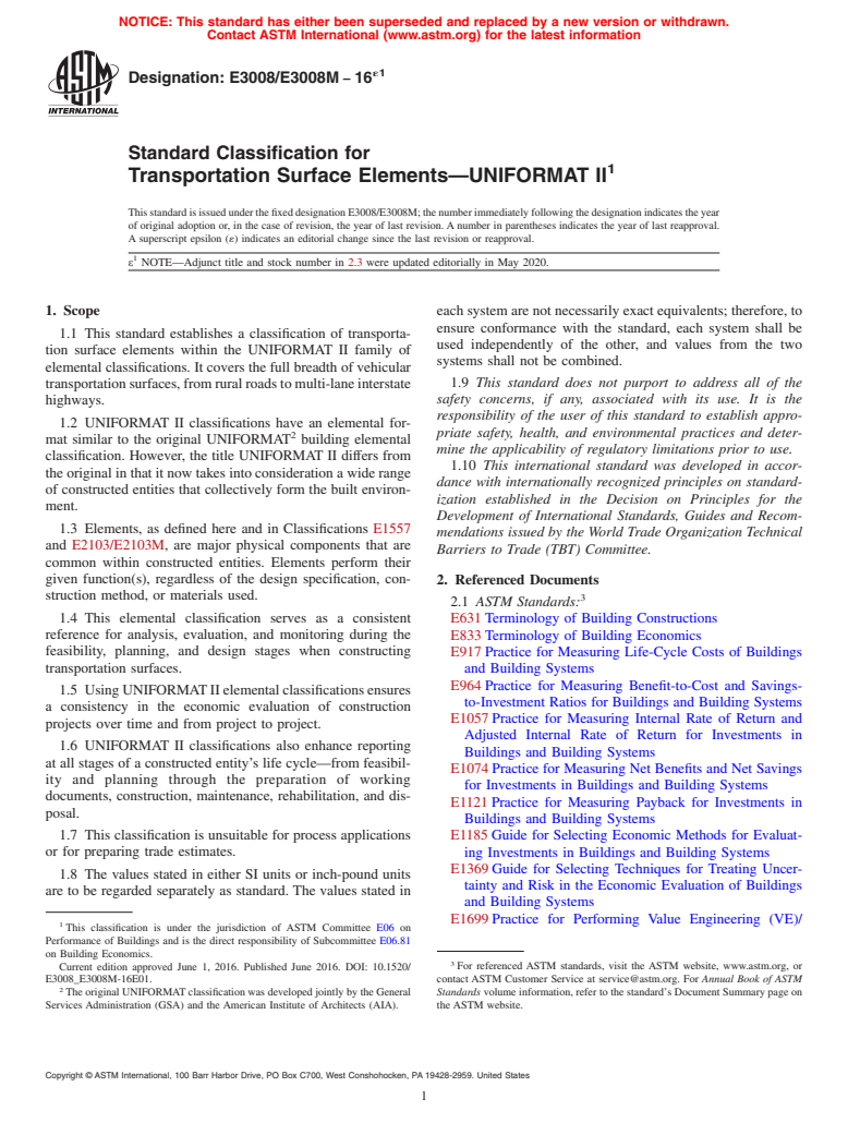 ASTM E3008/E3008M-16e1 - Standard Classification for Transportation Surface Elements&#x2014;UNIFORMAT II