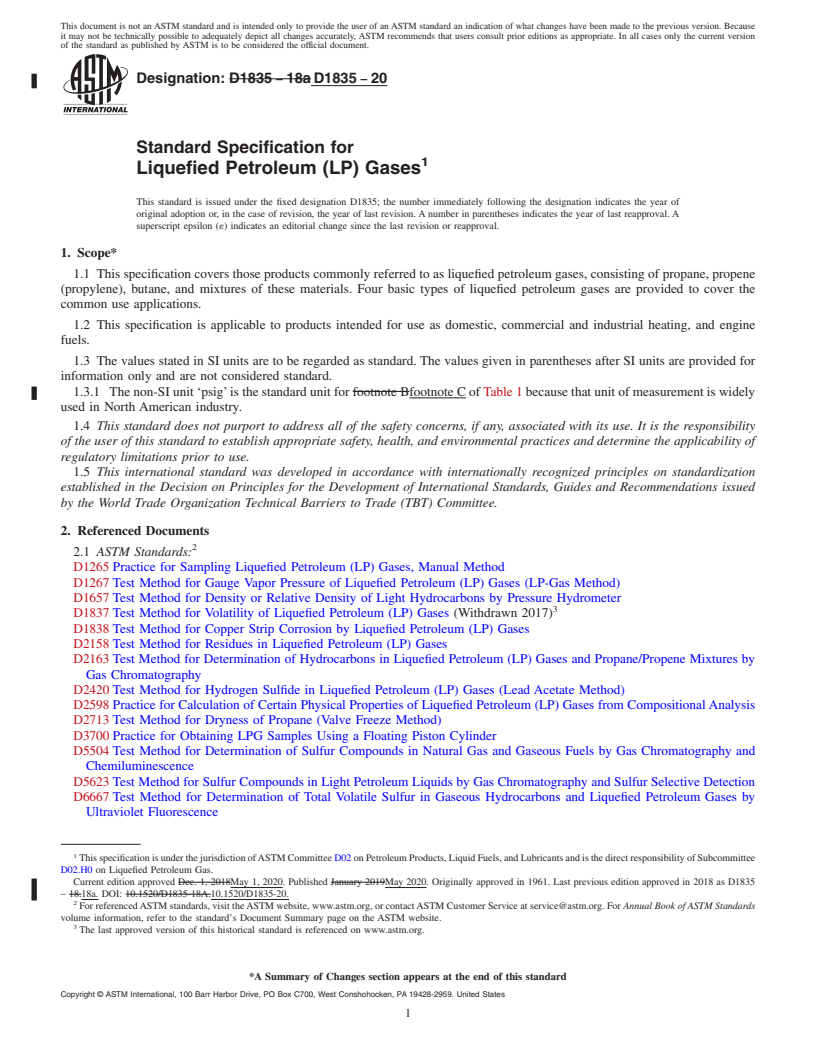 REDLINE ASTM D1835-20 - Standard Specification for Liquefied Petroleum (LP) Gases