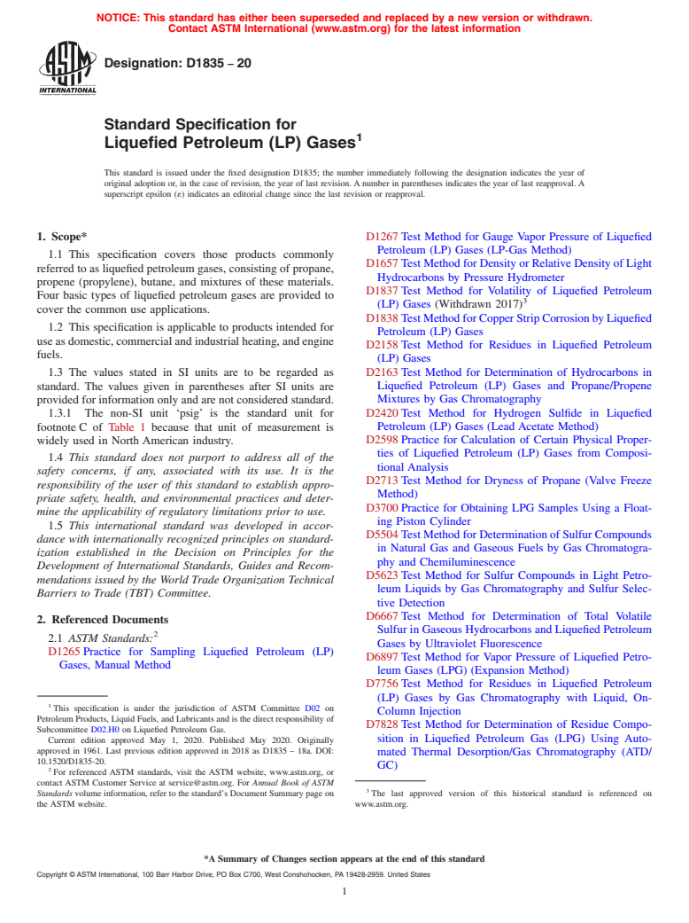 ASTM D1835-20 - Standard Specification for Liquefied Petroleum (LP) Gases