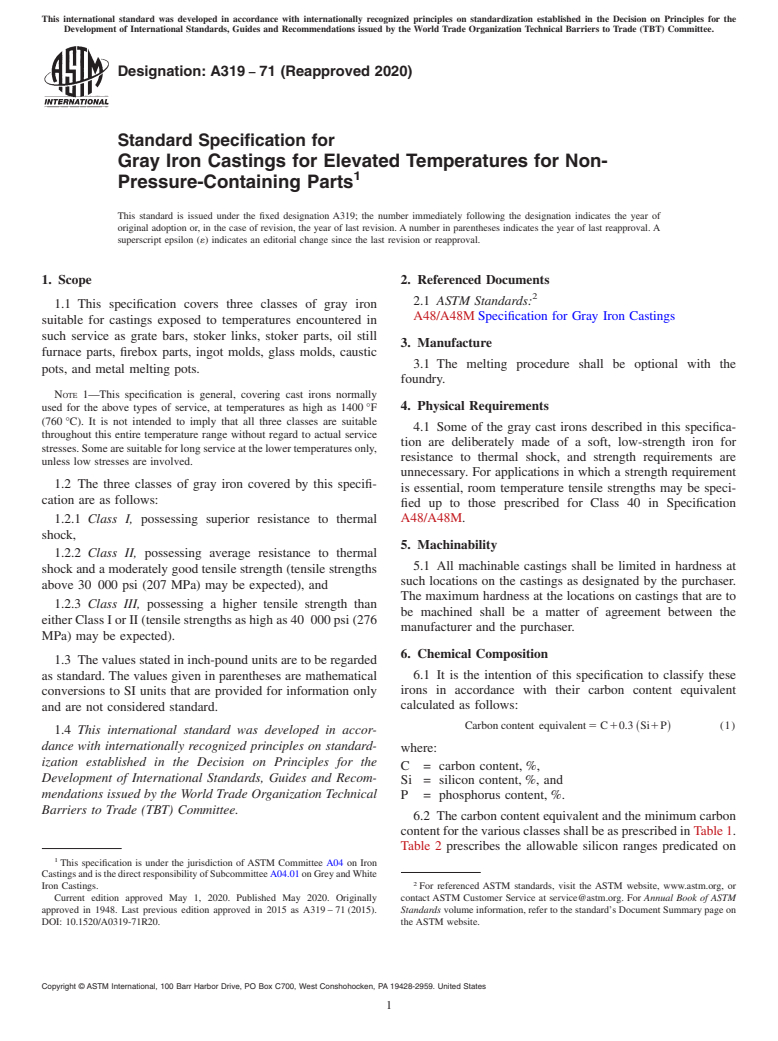 ASTM A319-71(2020) - Standard Specification for Gray Iron Castings for Elevated Temperatures for Non-Pressure-Containing  Parts