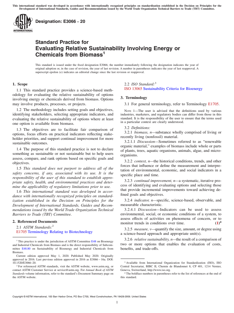 ASTM E3066-20 - Standard Practice for Evaluating Relative Sustainability Involving Energy or Chemicals  from Biomass