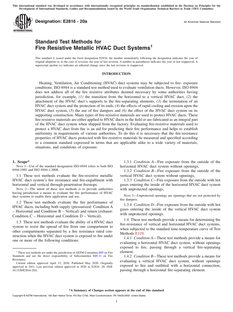 ASTM E2816-20a - Standard Test Methods for  Fire Resistive Metallic HVAC Duct Systems