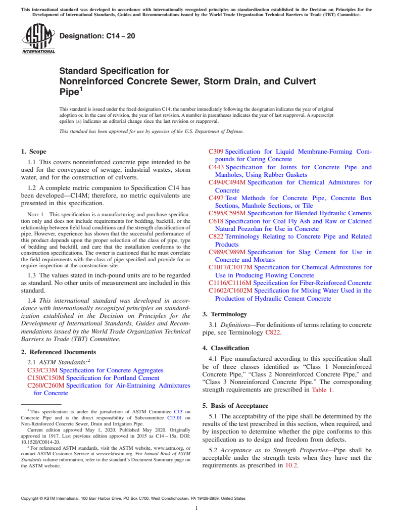 ASTM C14-20 - Standard Specification for Nonreinforced Concrete Sewer, Storm Drain, and Culvert Pipe