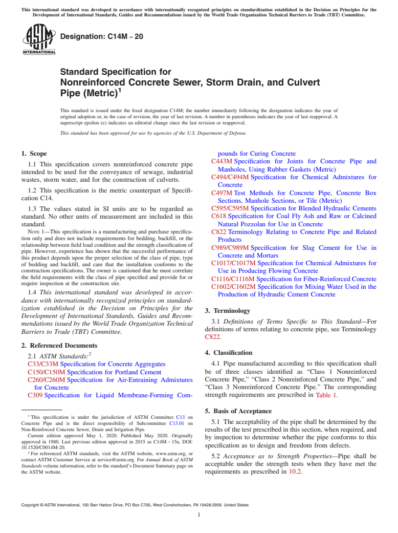 ASTM C14M-20 - Standard Specification for Nonreinforced Concrete Sewer, Storm Drain, and Culvert Pipe   (Metric)