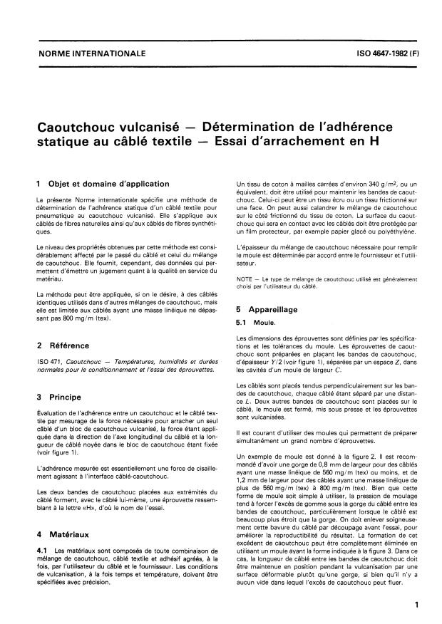 ISO 4647:1982 - Caoutchouc vulcanisé -- Détermination de l'adhérence statique au câblé textile -- Essai d'arrachement en H
