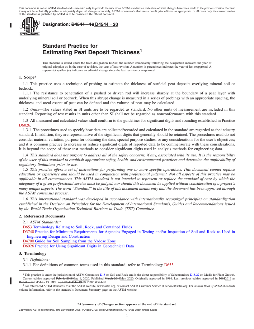 REDLINE ASTM D4544-20 - Standard Practice for Estimating Peat Deposit Thickness