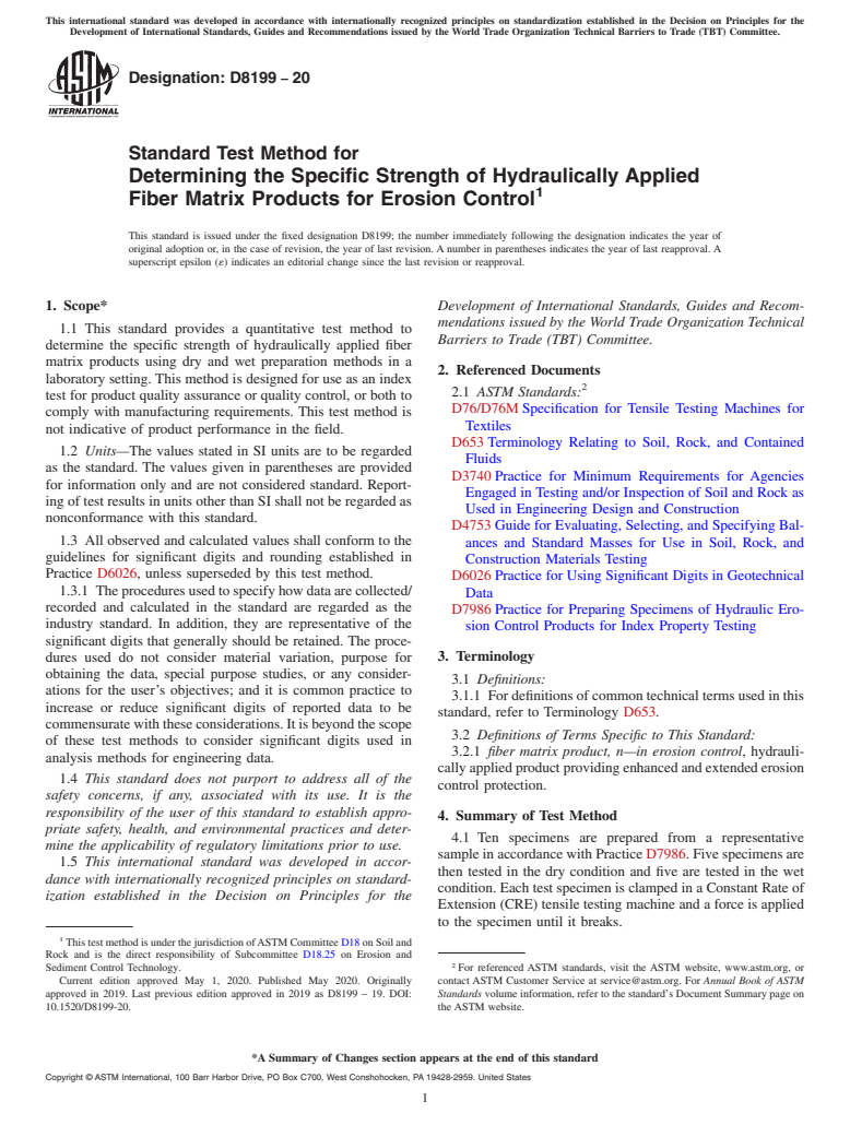 ASTM D8199-20 - Standard Test Method for Determining the Specific Strength of Hydraulically Applied  Fiber Matrix Products for Erosion Control