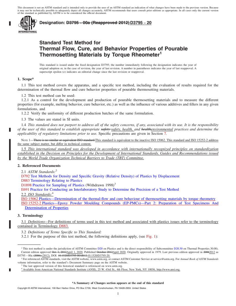 REDLINE ASTM D3795-20 - Standard Test Method for Thermal Flow, Cure, and Behavior Properties of Pourable Thermosetting  Materials by Torque Rheometer