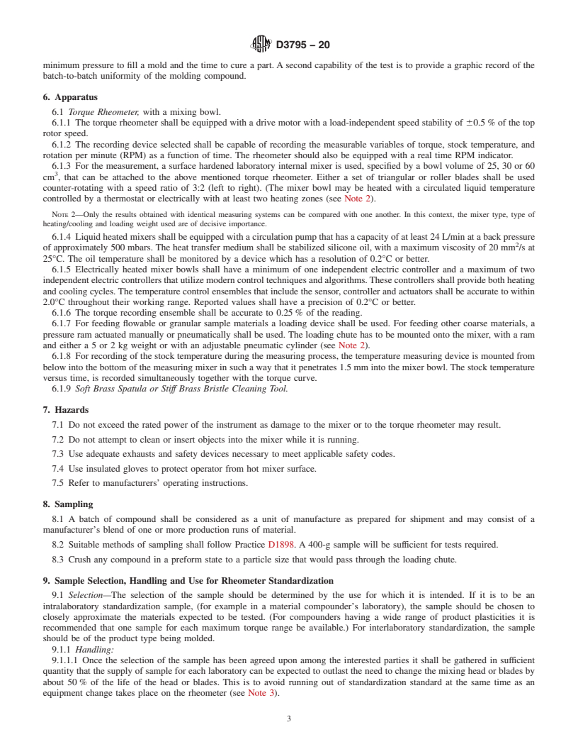 REDLINE ASTM D3795-20 - Standard Test Method for Thermal Flow, Cure, and Behavior Properties of Pourable Thermosetting  Materials by Torque Rheometer