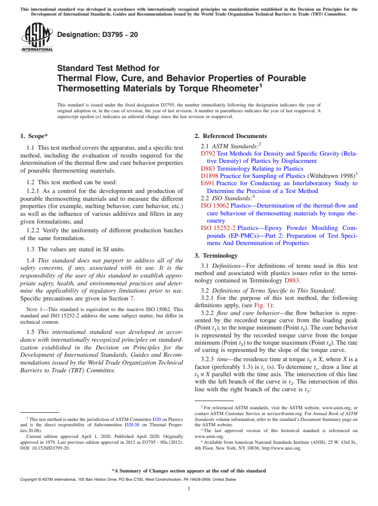 ASTM D3795-20 - Standard Test Method for Thermal Flow, Cure, and Behavior Properties of Pourable Thermosetting  Materials by Torque Rheometer