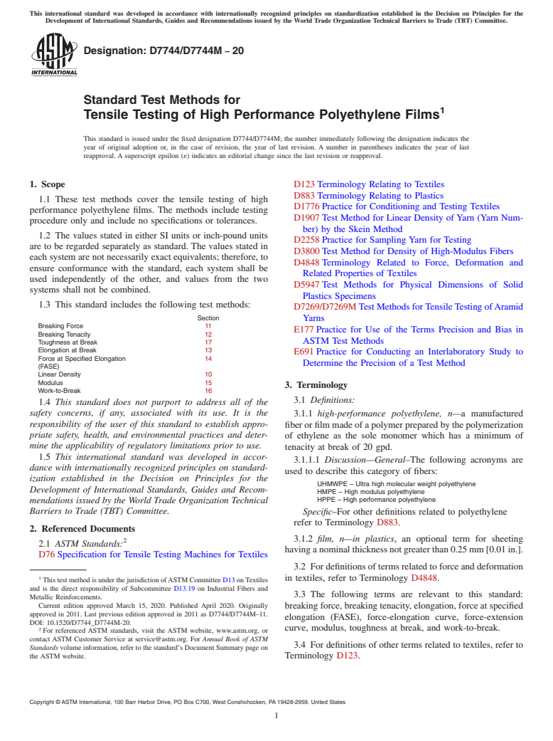 ASTM D7744/D7744M-20 - Standard Test Methods for  Tensile Testing of High Performance Polyethylene Films